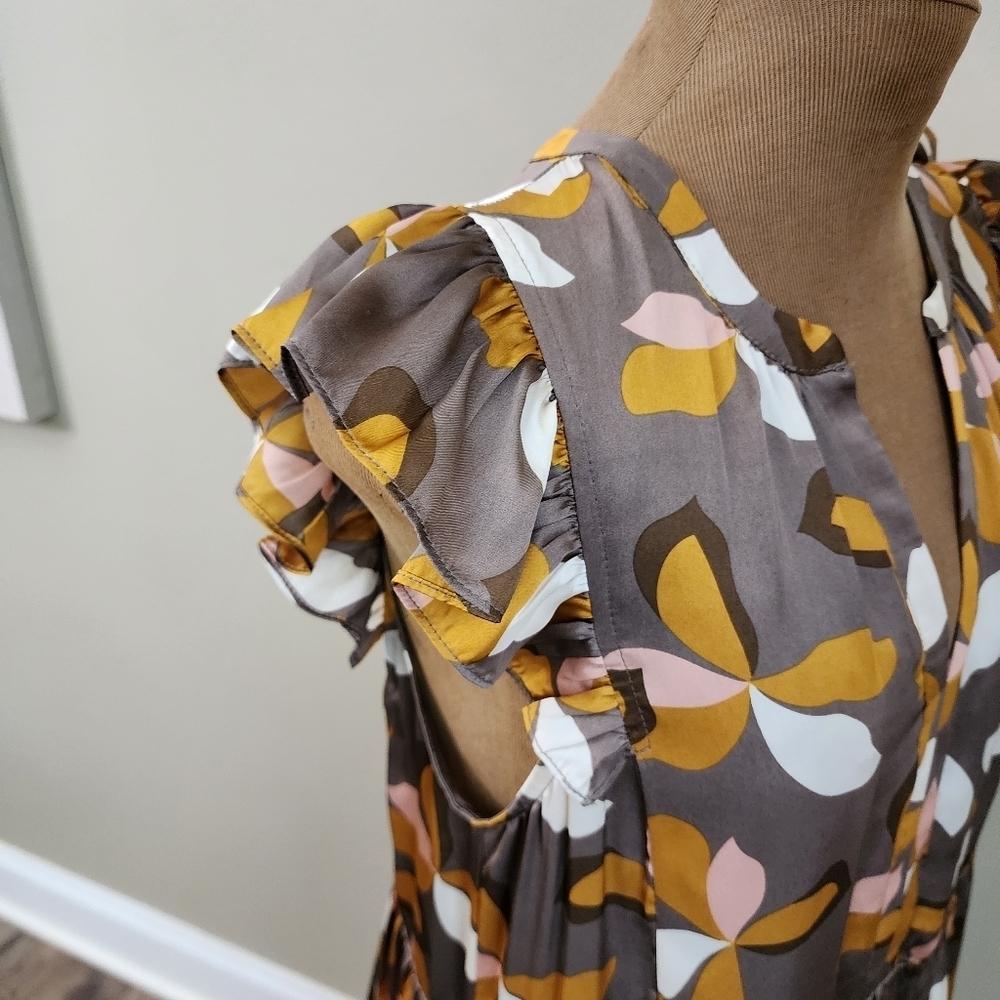 Mittoshop Floral Ruffle Sleeve Dress Tiered Mini Mocha Size S - Picture 6 of 10